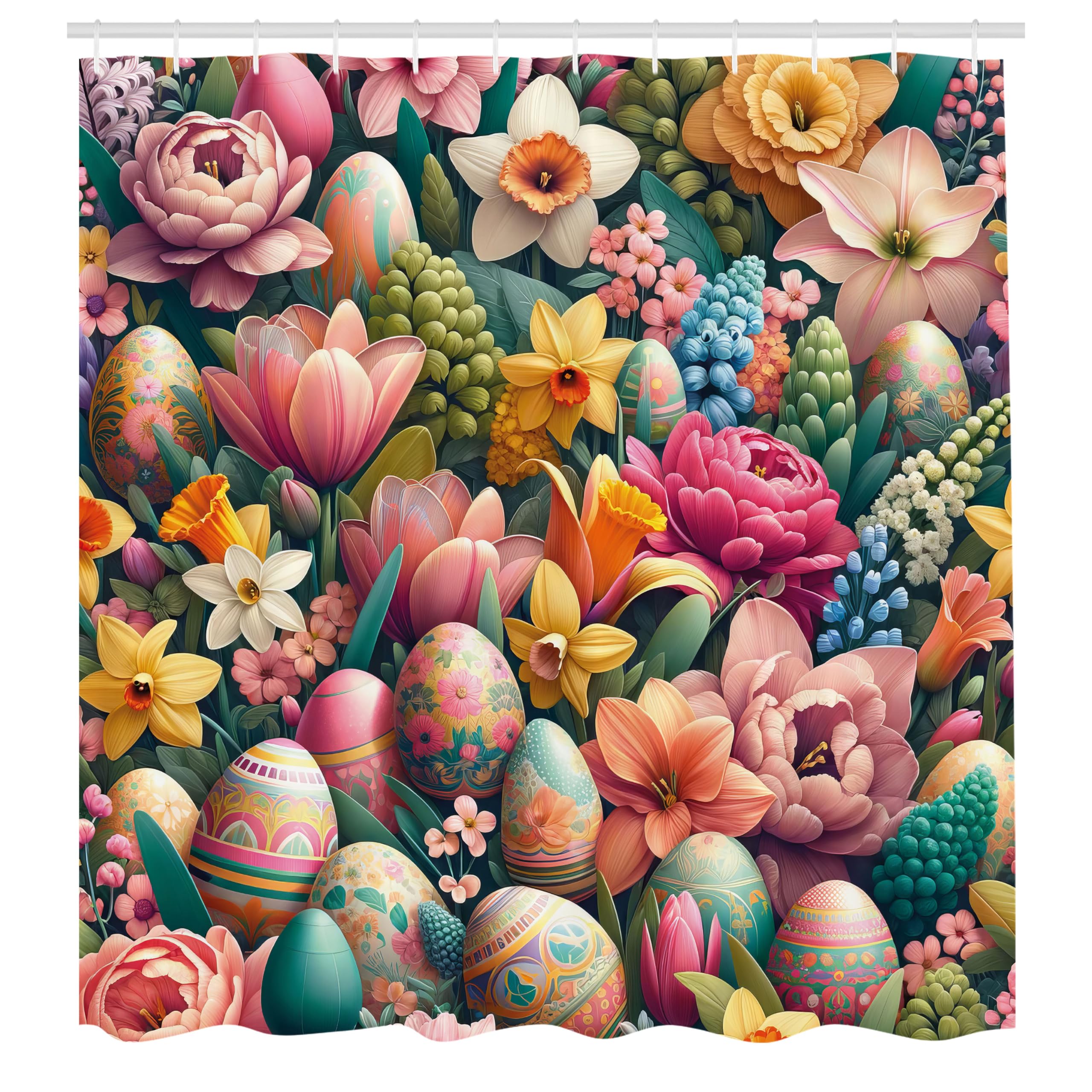 Ambesonne Spring Shower Curtain, Dreamy View Of Easter Eggs Floral Garden Huddles With Greenery Leaves, Cloth Fabric Bathroom De